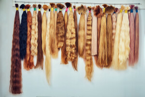 Hair extension equipment of natural hair. hair samples of different colors